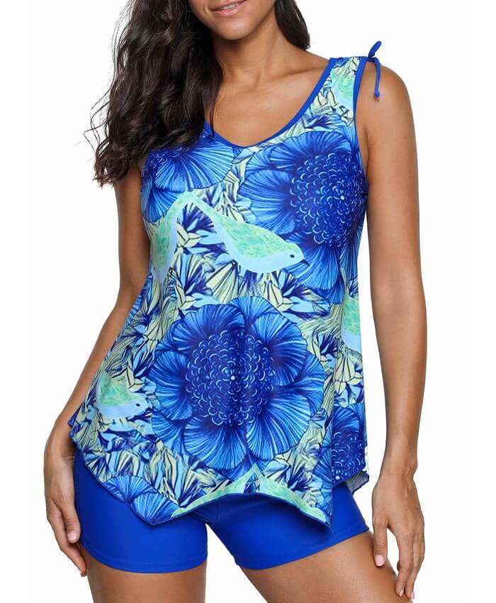 Asymmetric Hem Tie Shoulder Printed Tankini Set